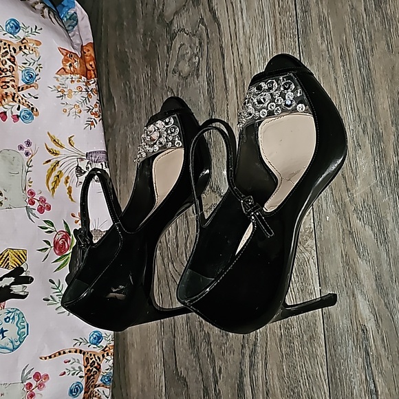 Miu Miu high heel black patent leather Rhinestones peep toe 36.5 (S2) - Picture 8 of 11